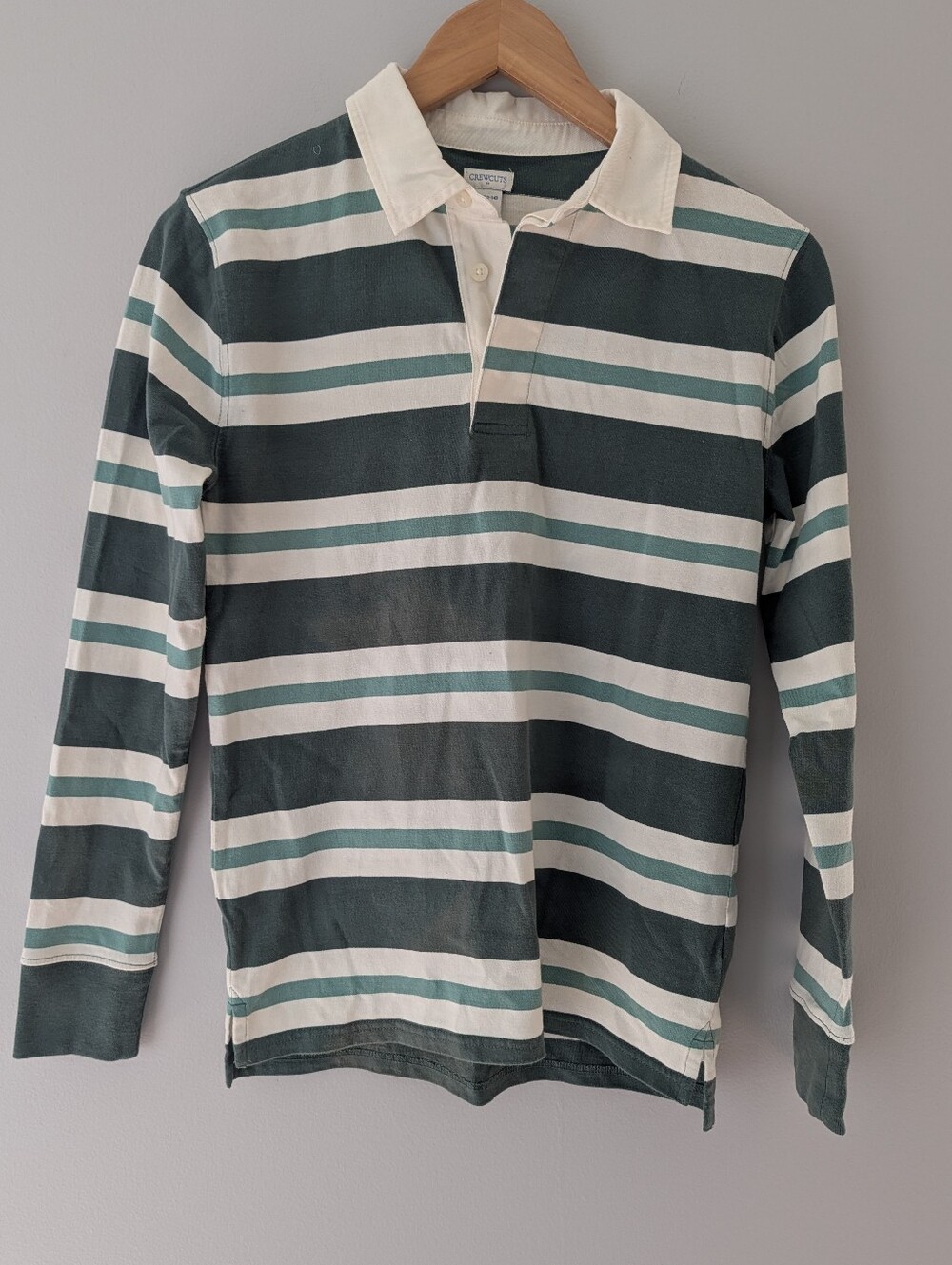 Crewcuts XL 12-14 Green Stripe Cotton Rugby Polo Shirt Long Sleeve Preppy